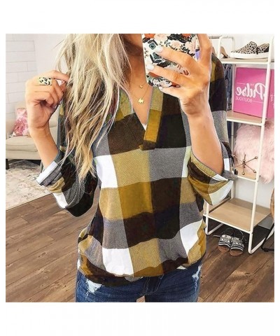 Oversized Tshirts for Women Oversized Long Sleeve Tops for Women Womens Basic Casual V Neck Plaid Print Work Blouses Tops 05-...