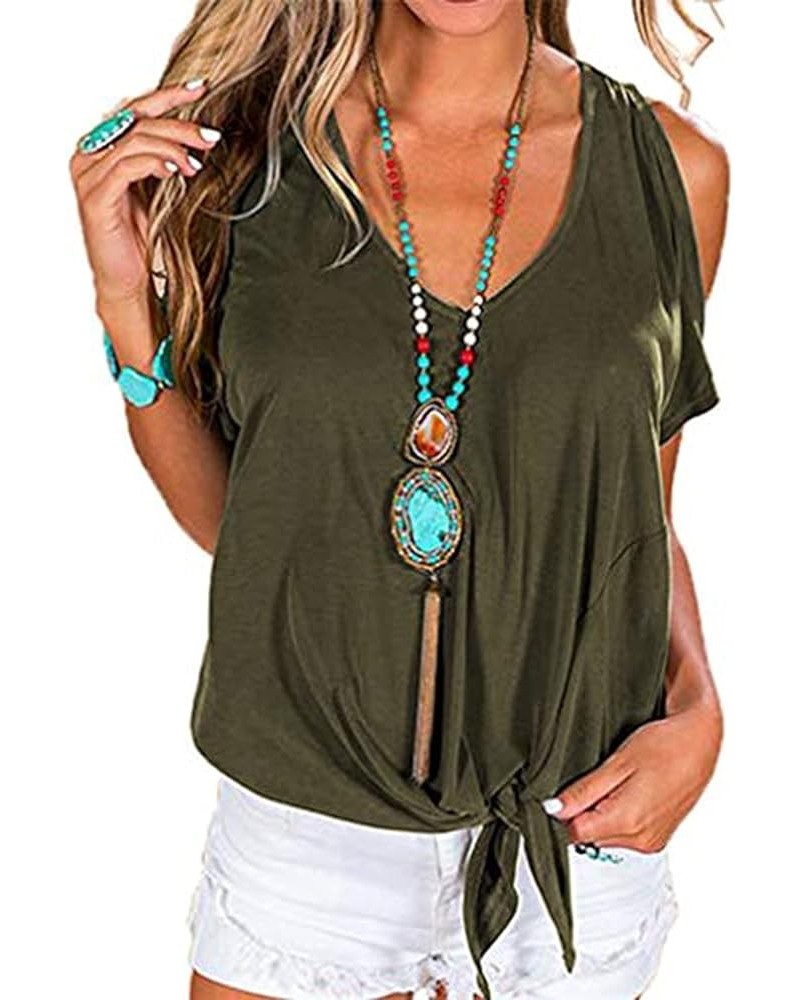 2023 Women's T Shirt Cold Shoulder Tops Casual V Neck Short Sleeve Tshirt Twist Knot Tunics 02 Olive Green $10.61 T-Shirts