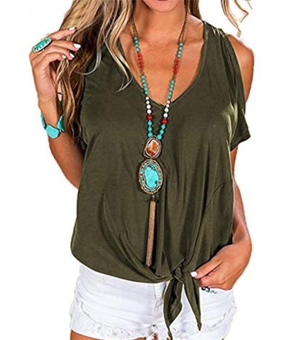 2023 Women's T Shirt Cold Shoulder Tops Casual V Neck Short Sleeve Tshirt Twist Knot Tunics 02 Olive Green $10.61 T-Shirts