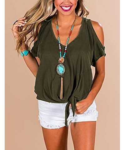 2023 Women's T Shirt Cold Shoulder Tops Casual V Neck Short Sleeve Tshirt Twist Knot Tunics 02 Olive Green $10.61 T-Shirts