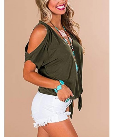 2023 Women's T Shirt Cold Shoulder Tops Casual V Neck Short Sleeve Tshirt Twist Knot Tunics 02 Olive Green $10.61 T-Shirts