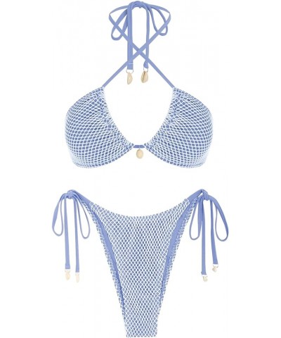 Women's Bikini Set Fishnet Triangle Tie Convertible Collar Halter Bandeau Shell Two Piece Bathing Suit Blue $15.36 Swimsuits