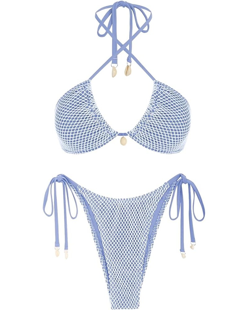 Women's Bikini Set Fishnet Triangle Tie Convertible Collar Halter Bandeau Shell Two Piece Bathing Suit Blue $15.36 Swimsuits