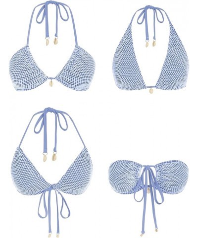 Women's Bikini Set Fishnet Triangle Tie Convertible Collar Halter Bandeau Shell Two Piece Bathing Suit Blue $15.36 Swimsuits