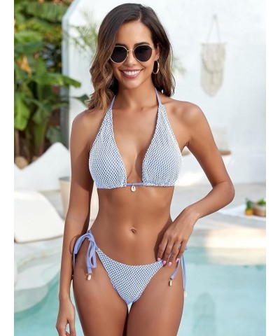 Women's Bikini Set Fishnet Triangle Tie Convertible Collar Halter Bandeau Shell Two Piece Bathing Suit Blue $15.36 Swimsuits