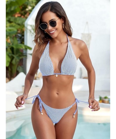 Women's Bikini Set Fishnet Triangle Tie Convertible Collar Halter Bandeau Shell Two Piece Bathing Suit Blue $15.36 Swimsuits