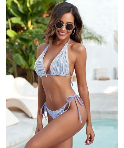 Women's Bikini Set Fishnet Triangle Tie Convertible Collar Halter Bandeau Shell Two Piece Bathing Suit Blue $15.36 Swimsuits