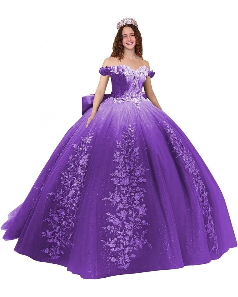 Lace Quinceanera Dresses Ball Gown Puffy Sparkly Tulle 3D Floral Sweet 16 Dresses Off Shoulder Party Gowns Y130 Purple $49.60...