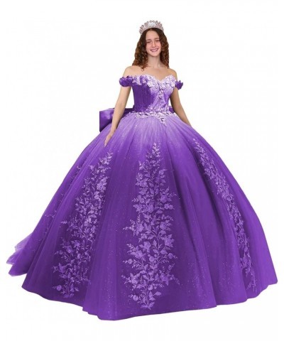 Lace Quinceanera Dresses Ball Gown Puffy Sparkly Tulle 3D Floral Sweet 16 Dresses Off Shoulder Party Gowns Y130 Purple $49.60...