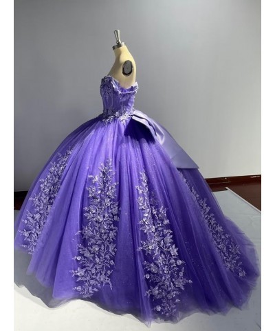 Lace Quinceanera Dresses Ball Gown Puffy Sparkly Tulle 3D Floral Sweet 16 Dresses Off Shoulder Party Gowns Y130 Purple $49.60...