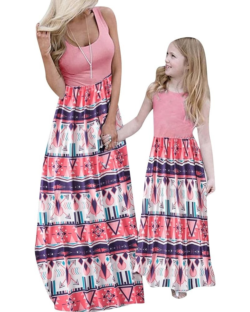 Mommy and Me Floral Dresses Summer Matching Maxi Dress Casual Family Matching Outfits Geometric Pink $11.25 Dresses