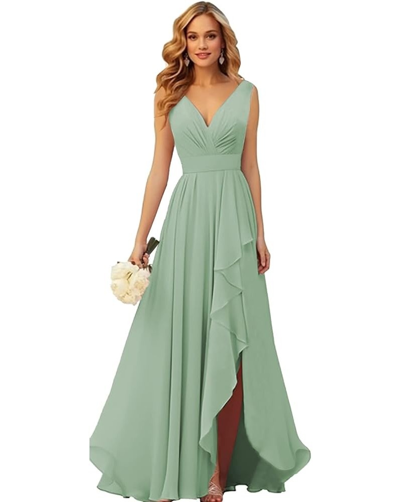 Ruffle Bridesmaid Dresses for Women Wedding Long V Neck Chiffon Formal Dress with Slit Sage Green $20.64 Dresses