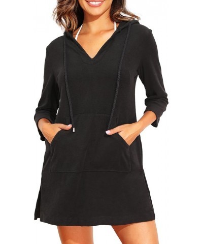 Women's Terry Cloth Swimsuit Cover Up Long Sleeve Beach Cover Up Hooded Swim Coverup with Pocket Black $19.20 Swimsuits