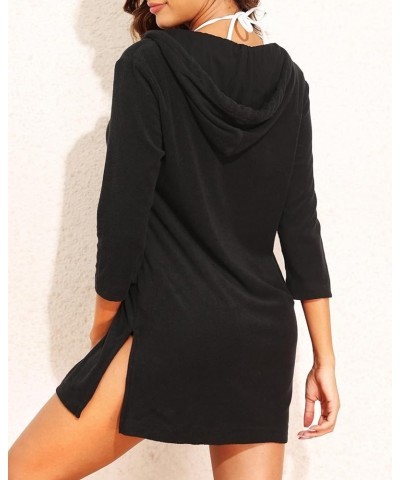 Women's Terry Cloth Swimsuit Cover Up Long Sleeve Beach Cover Up Hooded Swim Coverup with Pocket Black $19.20 Swimsuits