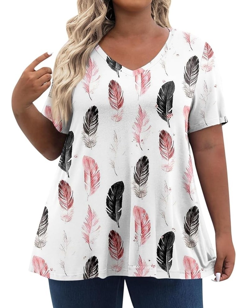 Womens Plus Size Tops Loose Fit Pleated Blouses Dressy Casual Short Sleeve Floral Print Shirt V Neck Summer Clothes Ar190-whi...