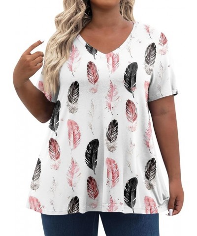 Womens Plus Size Tops Loose Fit Pleated Blouses Dressy Casual Short Sleeve Floral Print Shirt V Neck Summer Clothes Ar190-whi...