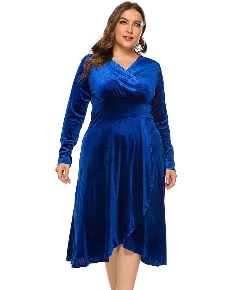 Women Long Sleeve Party Dress V Neck Velvet Split Club Dress Plus Size Stretchy Birthday Night Dress Blue $22.05 Dresses