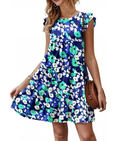 Women's Summer Dresses Sleeveless Ruffle Sleeve Round Neck Solid Loose Short Flowy Pleated Mini Babydoll Dress Floral3-blue G...