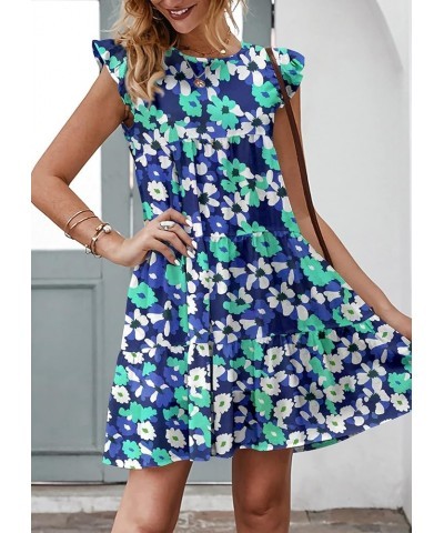 Women's Summer Dresses Sleeveless Ruffle Sleeve Round Neck Solid Loose Short Flowy Pleated Mini Babydoll Dress Floral3-blue G...