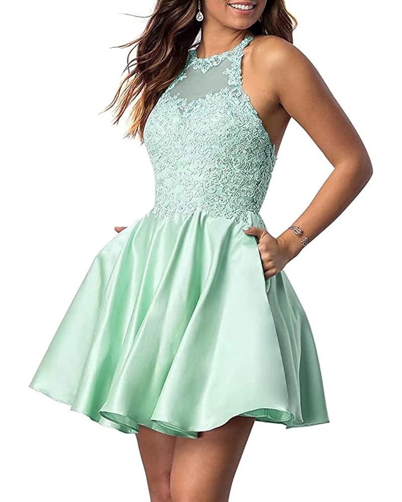 Women's Short Homecoming Dresses Halter Applique Beaded Sleeveless Party Dresses for Juniors with Pockets Mint $33.14 Dresses