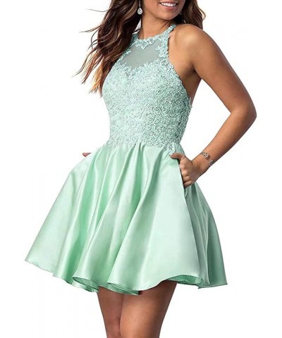 Women's Short Homecoming Dresses Halter Applique Beaded Sleeveless Party Dresses for Juniors with Pockets Mint $33.14 Dresses