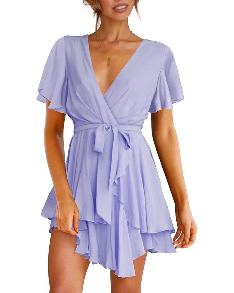 Women's Dress Deep V-Neck Long Sleeve Waist Tie Ruffle Mini Swing Skater Dresses Z_28 Light Purple $26.99 Dresses