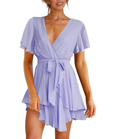 Women's Dress Deep V-Neck Long Sleeve Waist Tie Ruffle Mini Swing Skater Dresses Z_28 Light Purple $26.99 Dresses