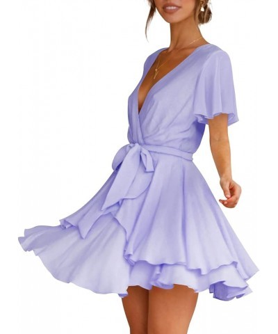 Women's Dress Deep V-Neck Long Sleeve Waist Tie Ruffle Mini Swing Skater Dresses Z_28 Light Purple $26.99 Dresses