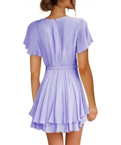 Women's Dress Deep V-Neck Long Sleeve Waist Tie Ruffle Mini Swing Skater Dresses Z_28 Light Purple $26.99 Dresses