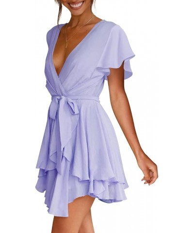 Women's Dress Deep V-Neck Long Sleeve Waist Tie Ruffle Mini Swing Skater Dresses Z_28 Light Purple $26.99 Dresses