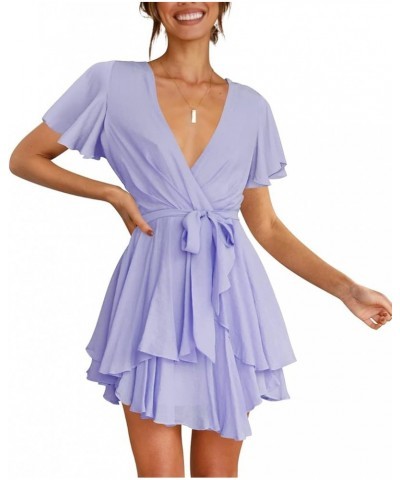 Women's Dress Deep V-Neck Long Sleeve Waist Tie Ruffle Mini Swing Skater Dresses Z_28 Light Purple $26.99 Dresses