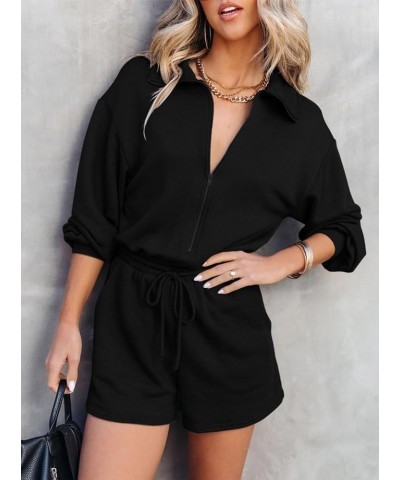 Women Zipper Long Sleeve Shorts Romper V Neck Lapel Drawstring Waist Mini Jumpsuit with Pockets Black $23.21 Rompers