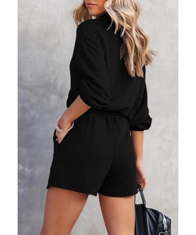 Women Zipper Long Sleeve Shorts Romper V Neck Lapel Drawstring Waist Mini Jumpsuit with Pockets Black $23.21 Rompers