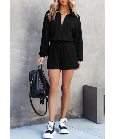 Women Zipper Long Sleeve Shorts Romper V Neck Lapel Drawstring Waist Mini Jumpsuit with Pockets Black $23.21 Rompers