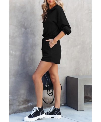 Women Zipper Long Sleeve Shorts Romper V Neck Lapel Drawstring Waist Mini Jumpsuit with Pockets Black $23.21 Rompers