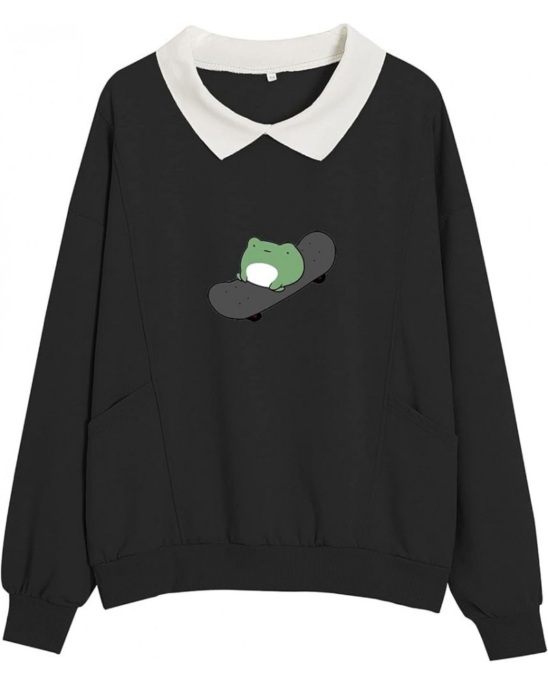 Frog Skateboarding Casual Sweatshirt Women's Pullover Long Sleeve Turn Down Collar with Pocket Tops for Teen Girls Black $14....