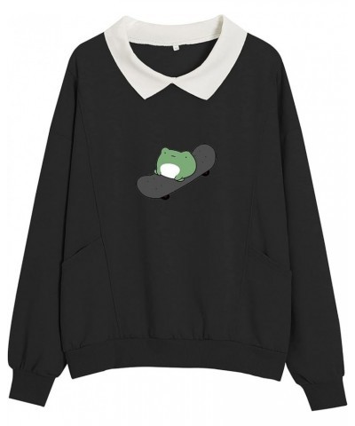 Frog Skateboarding Casual Sweatshirt Women's Pullover Long Sleeve Turn Down Collar with Pocket Tops for Teen Girls Black $14....