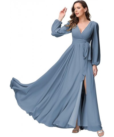 Long Sleeve Bridesmaid Dresses for Wedding with Slit Flowy Chiffon Formal Dresses with Pockets SYYS095 Steel Blue $32.40 Dresses