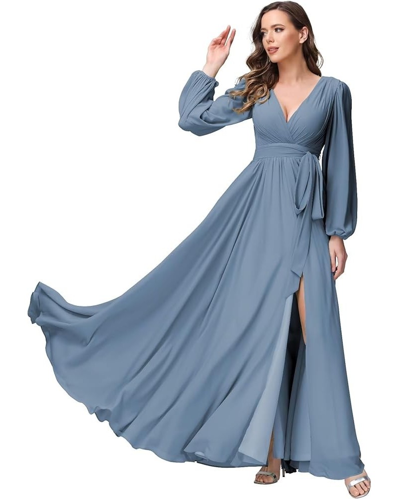 Long Sleeve Bridesmaid Dresses for Wedding with Slit Flowy Chiffon Formal Dresses with Pockets SYYS095 Steel Blue $32.40 Dresses