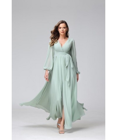 Long Sleeve Bridesmaid Dresses for Wedding with Slit Flowy Chiffon Formal Dresses with Pockets SYYS095 Steel Blue $32.40 Dresses