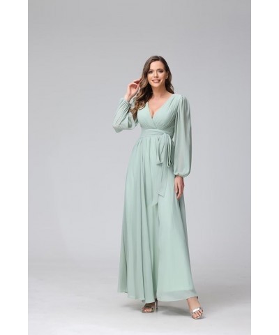 Long Sleeve Bridesmaid Dresses for Wedding with Slit Flowy Chiffon Formal Dresses with Pockets SYYS095 Steel Blue $32.40 Dresses