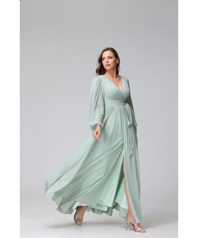 Long Sleeve Bridesmaid Dresses for Wedding with Slit Flowy Chiffon Formal Dresses with Pockets SYYS095 Steel Blue $32.40 Dresses