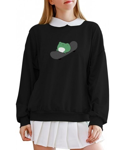 Frog Skateboarding Casual Sweatshirt Women's Pullover Long Sleeve Turn Down Collar with Pocket Tops for Teen Girls Black $14....