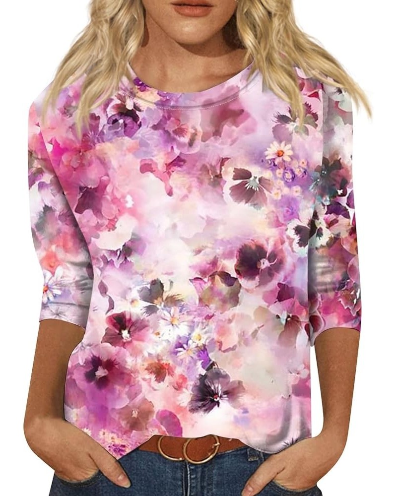 3/4 Sleeve Tops for Women 2024 Summer Floral Printed Crew Neck Tunic Top Casual Baggy Dressy Blouses Plus Size 01-purple $10....