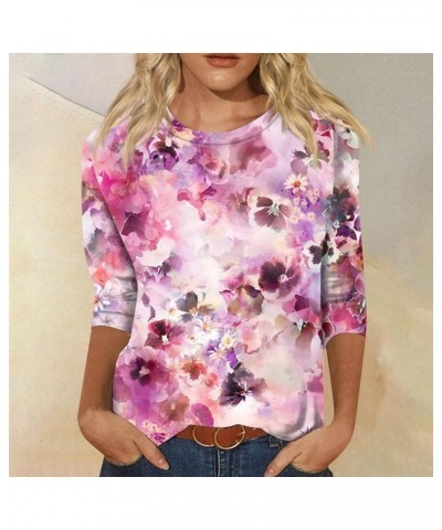 3/4 Sleeve Tops for Women 2024 Summer Floral Printed Crew Neck Tunic Top Casual Baggy Dressy Blouses Plus Size 01-purple $10....