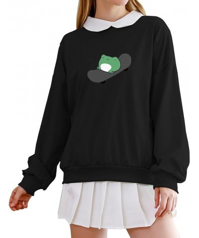 Frog Skateboarding Casual Sweatshirt Women's Pullover Long Sleeve Turn Down Collar with Pocket Tops for Teen Girls Black $14....