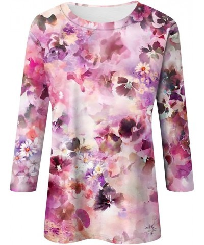 3/4 Sleeve Tops for Women 2024 Summer Floral Printed Crew Neck Tunic Top Casual Baggy Dressy Blouses Plus Size 01-purple $10....