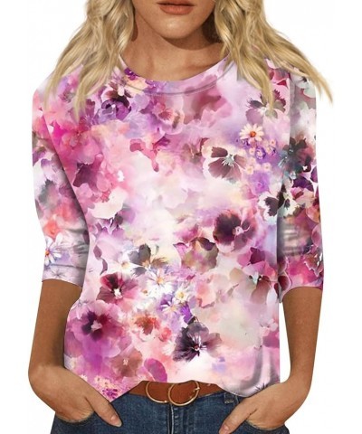 3/4 Sleeve Tops for Women 2024 Summer Floral Printed Crew Neck Tunic Top Casual Baggy Dressy Blouses Plus Size 01-purple $10....