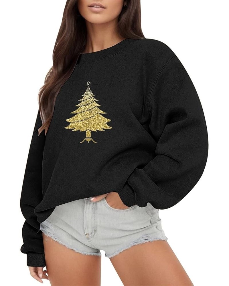 Women's Christmas Hoodies, Gold Stamping Printed Casual Loose Fit Sweatshirt Round Neck Fashion Long Sleeved Pullover Tops Z4...