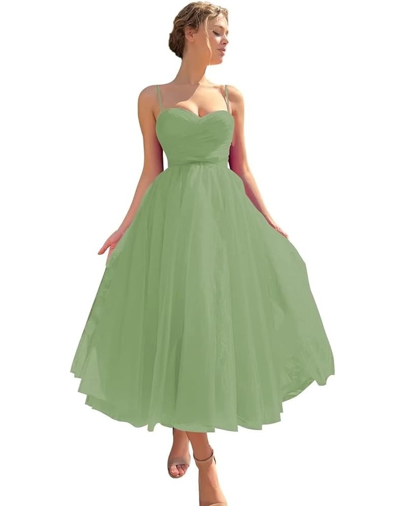 Spaghetti Straps Tulle Sweetheart Prom Dresses with Pockets Tea Length Formal Evening Gowns for Women Sage Green $23.22 Dresses